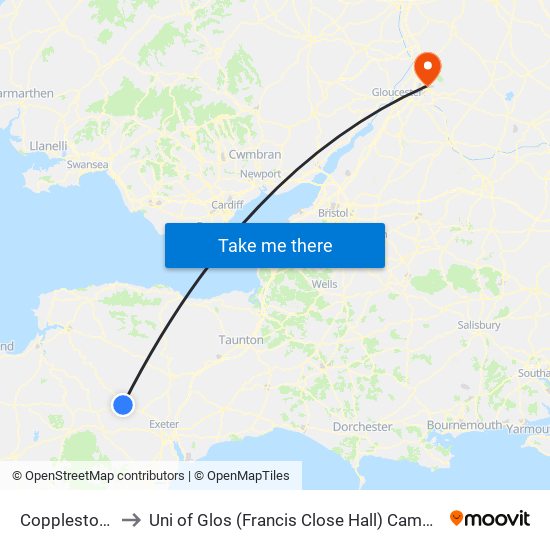 Copplestone to Uni of Glos (Francis Close Hall) Campus map