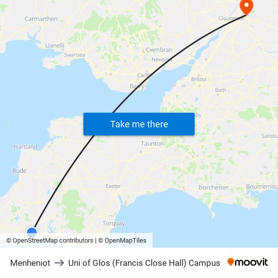 Menheniot to Uni of Glos (Francis Close Hall) Campus map