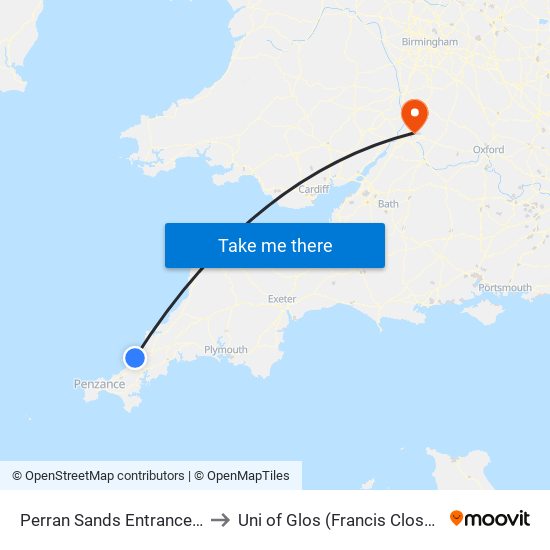 Perran Sands Entrance, Perranporth to Uni of Glos (Francis Close Hall) Campus map