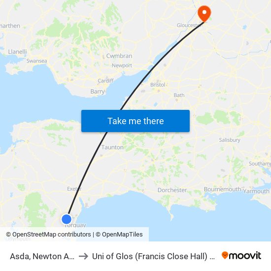 Asda, Newton Abbot to Uni of Glos (Francis Close Hall) Campus map