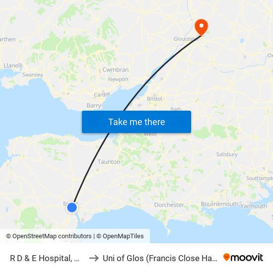 R D & E Hospital, Wonford to Uni of Glos (Francis Close Hall) Campus map