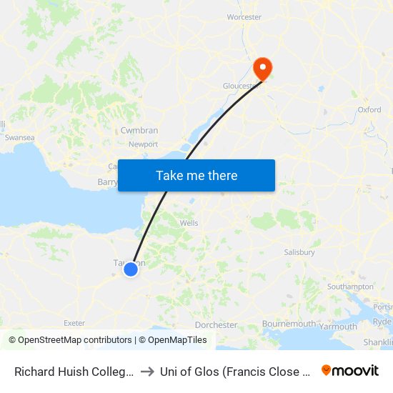Richard Huish College, Taunton to Uni of Glos (Francis Close Hall) Campus map