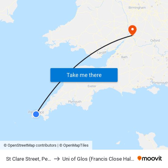 St Clare Street, Penzance to Uni of Glos (Francis Close Hall) Campus map