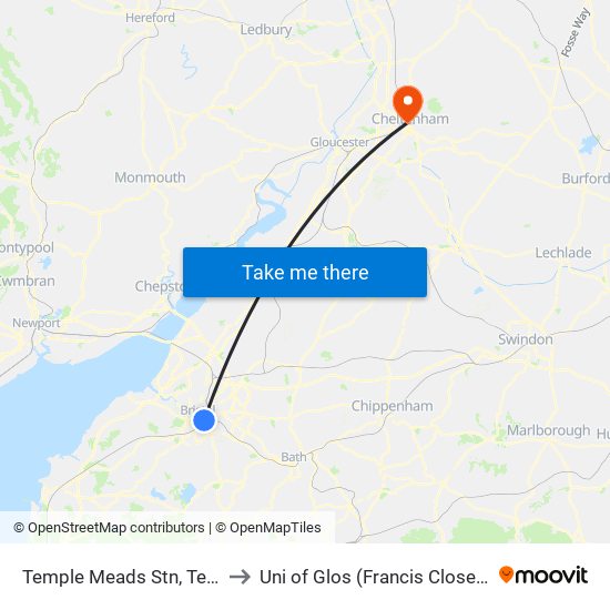 Temple Meads Stn, Temple Meads to Uni of Glos (Francis Close Hall) Campus map