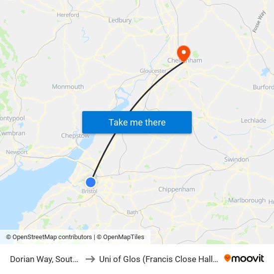 Dorian Way, Southmead to Uni of Glos (Francis Close Hall) Campus map