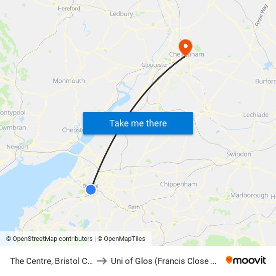 The Centre, Bristol City Centre to Uni of Glos (Francis Close Hall) Campus map