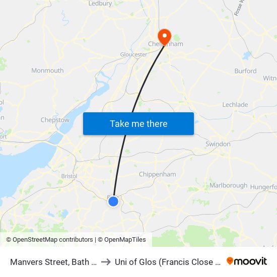 Manvers Street, Bath City Centre to Uni of Glos (Francis Close Hall) Campus map