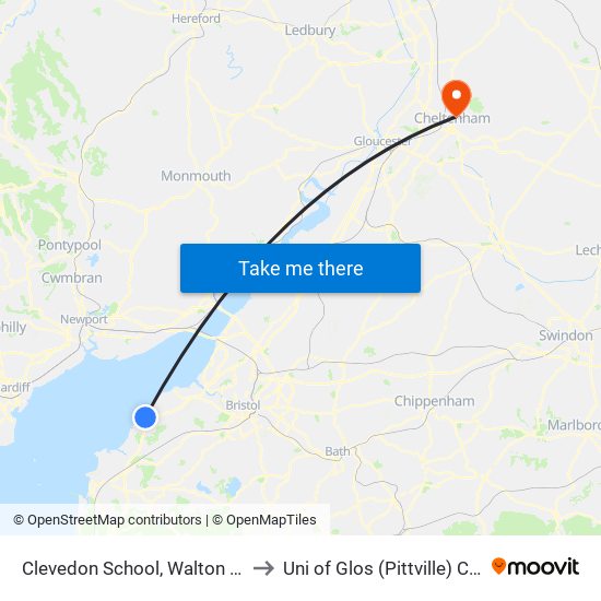 Clevedon School, Walton St Mary to Uni of Glos (Pittville) Campus map