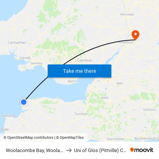 Woolacombe Bay, Woolacombe to Uni of Glos (Pittville) Campus map