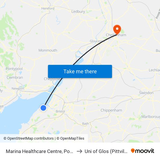 Marina Healthcare Centre, Portishead Harbour to Uni of Glos (Pittville) Campus map