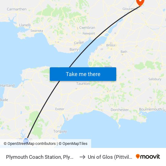Plymouth Coach Station, Plymouth City Centre to Uni of Glos (Pittville) Campus map