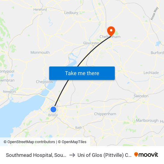 Southmead Hospital, Southmead to Uni of Glos (Pittville) Campus map