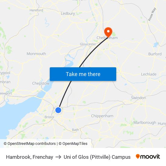 Hambrook, Frenchay to Uni of Glos (Pittville) Campus map