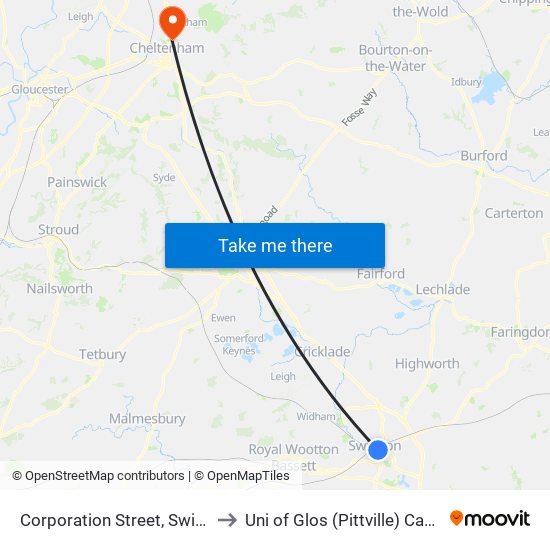 Corporation Street, Swindon to Uni of Glos (Pittville) Campus map