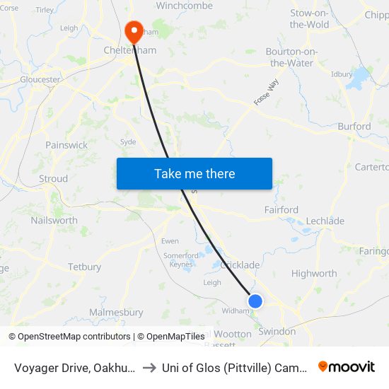 Voyager Drive, Oakhurst to Uni of Glos (Pittville) Campus map