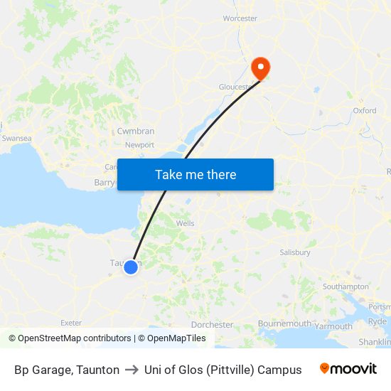 Bp Garage, Taunton to Uni of Glos (Pittville) Campus map