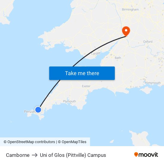 Camborne to Uni of Glos (Pittville) Campus map