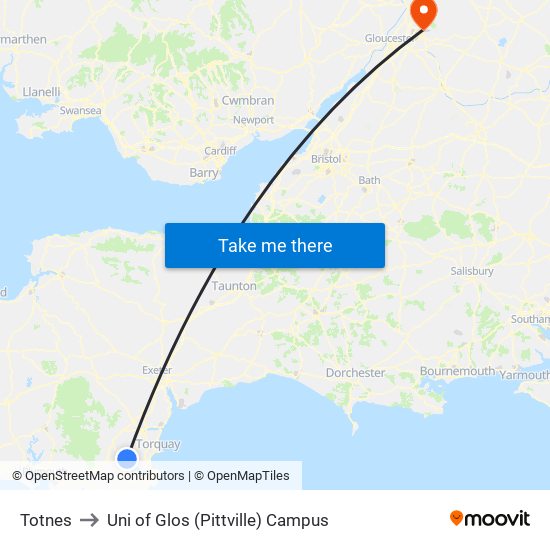 Totnes to Uni of Glos (Pittville) Campus map