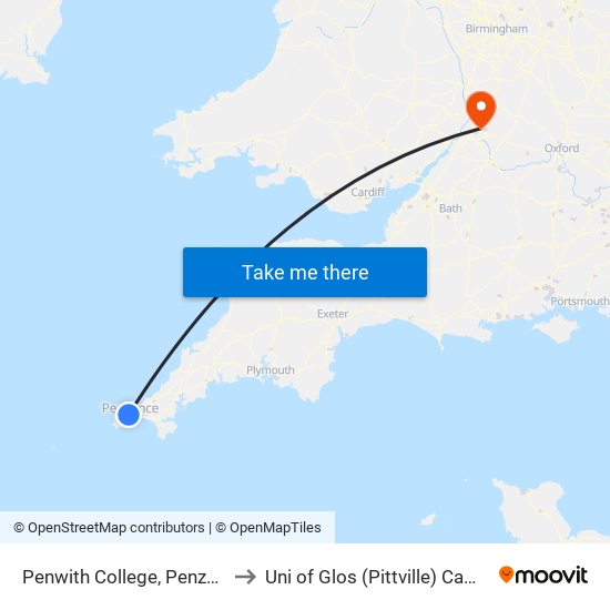 Penwith College, Penzance to Uni of Glos (Pittville) Campus map