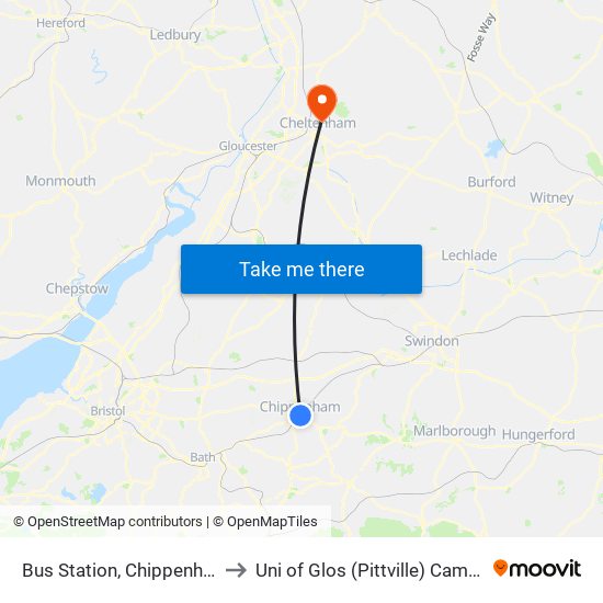 Bus Station, Chippenham to Uni of Glos (Pittville) Campus map