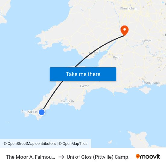 The Moor A, Falmouth to Uni of Glos (Pittville) Campus map