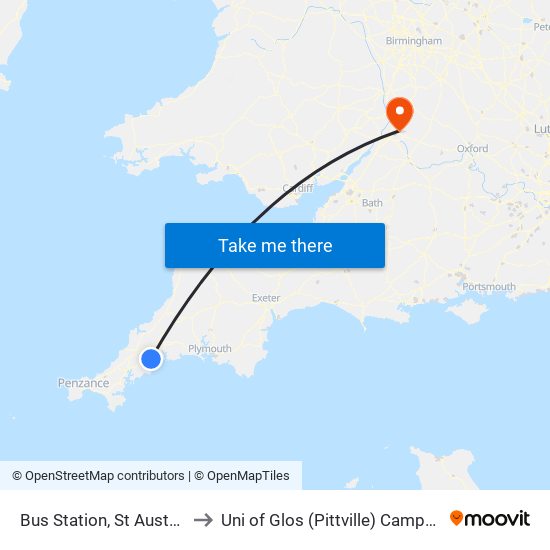 Bus Station, St Austell to Uni of Glos (Pittville) Campus map