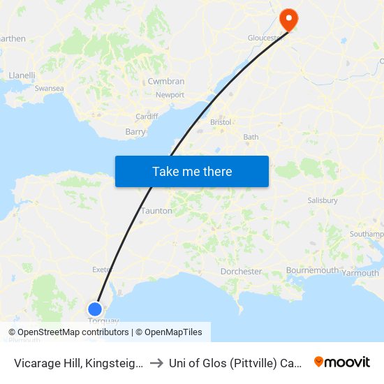 Vicarage Hill, Kingsteignton to Uni of Glos (Pittville) Campus map