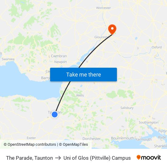 The Parade, Taunton to Uni of Glos (Pittville) Campus map