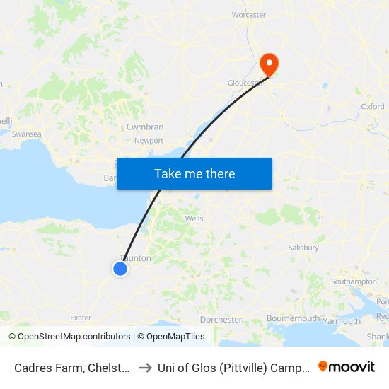 Cades Farm, Chelston to Uni of Glos (Pittville) Campus map