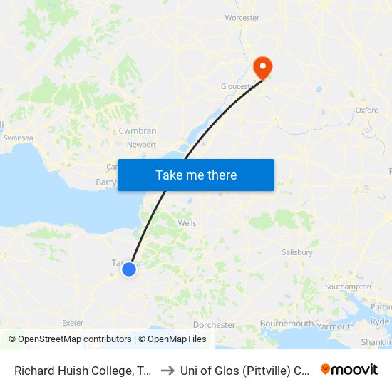 Richard Huish College, Taunton to Uni of Glos (Pittville) Campus map