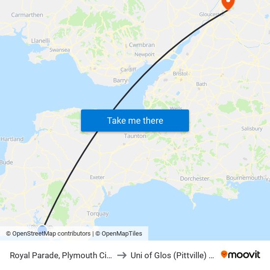 Royal Parade, Plymouth City Centre to Uni of Glos (Pittville) Campus map