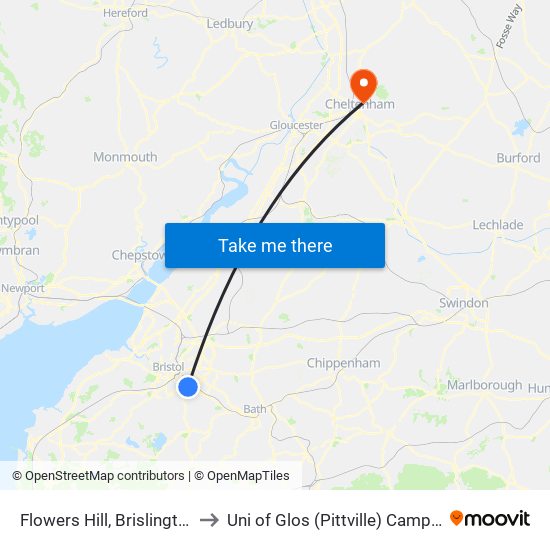 Flowers Hill, Brislington to Uni of Glos (Pittville) Campus map