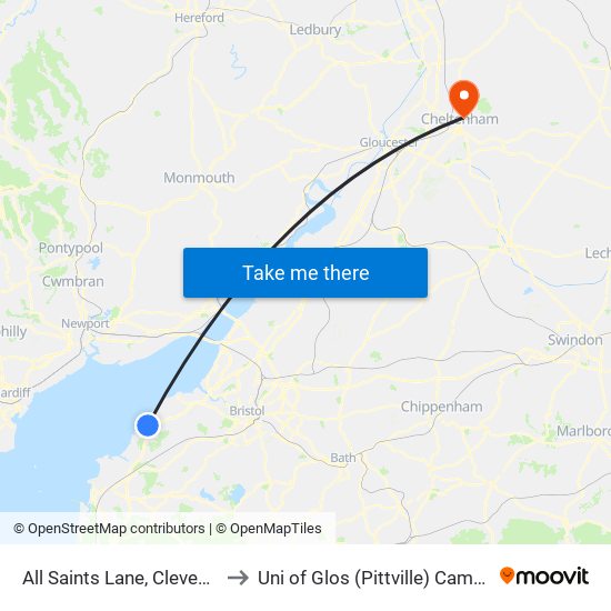 All Saints Lane, Clevedon to Uni of Glos (Pittville) Campus map