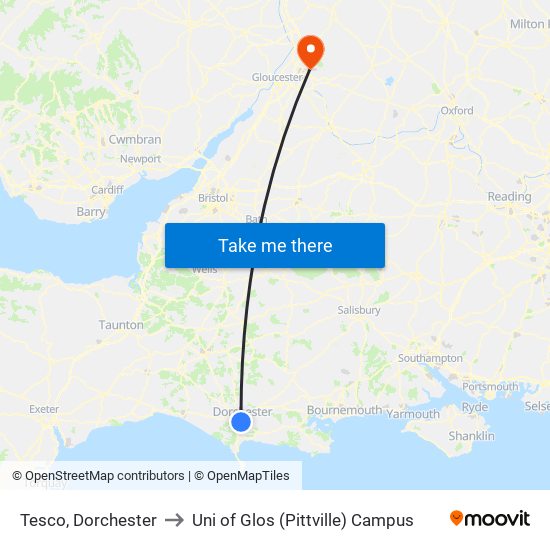 Tesco, Dorchester to Uni of Glos (Pittville) Campus map