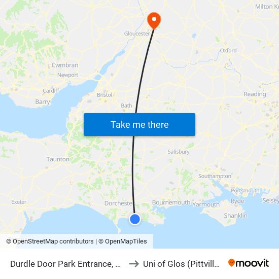 Durdle Door Park Entrance, West Lulworth to Uni of Glos (Pittville) Campus map