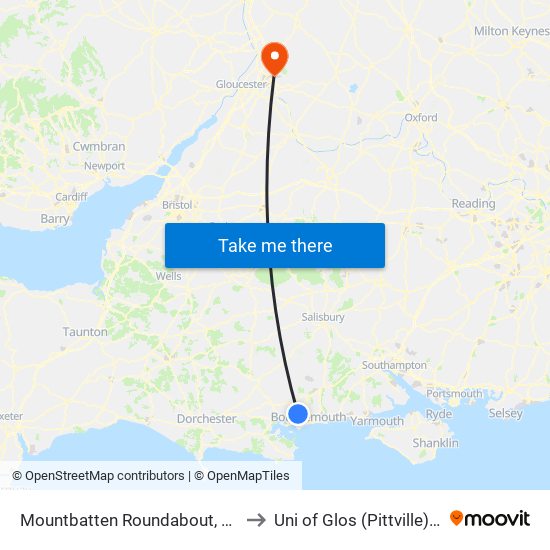 Mountbatten Roundabout, Wallisdown to Uni of Glos (Pittville) Campus map