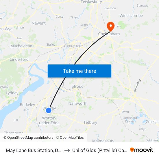 May Lane Bus Station, Dursley to Uni of Glos (Pittville) Campus map