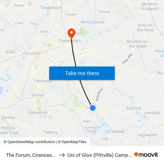 The Forum, Cirencester to Uni of Glos (Pittville) Campus map