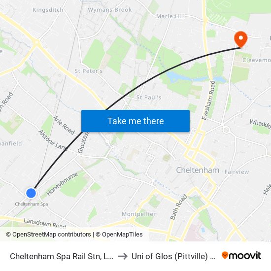 Cheltenham Spa Rail Stn, Lansdown to Uni of Glos (Pittville) Campus map