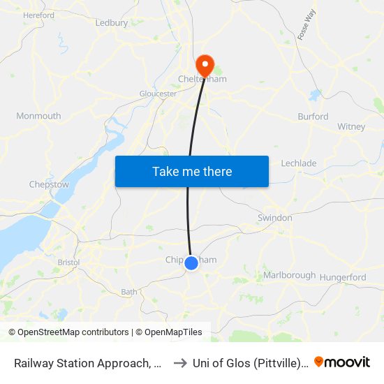 Railway Station Approach, Chippenham to Uni of Glos (Pittville) Campus map