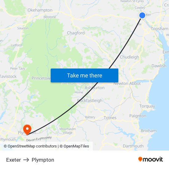 Exeter to Plympton map