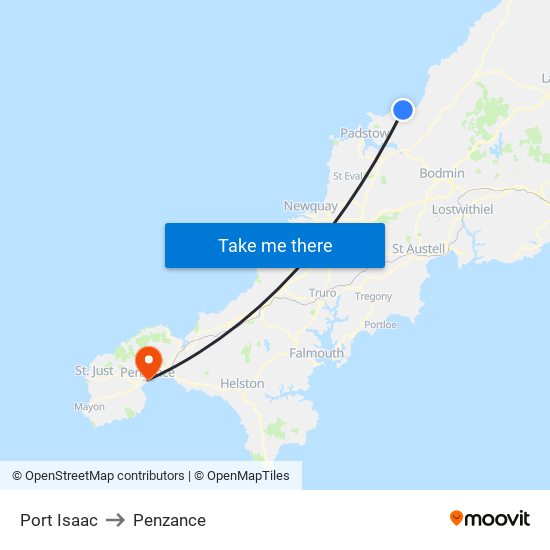 Port Isaac to Penzance map