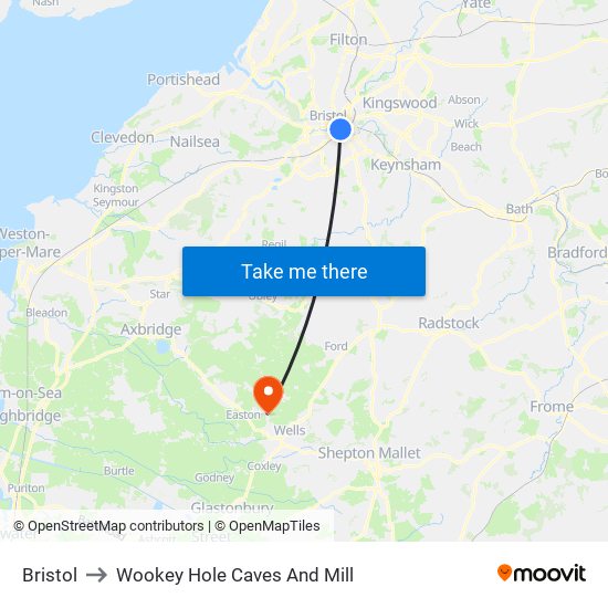 Bristol to Wookey Hole Caves And Mill map