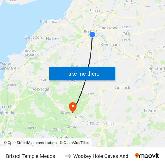 Bristol Temple Meads Dock to Wookey Hole Caves And Mill map
