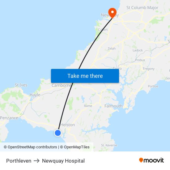 Porthleven to Newquay Hospital map