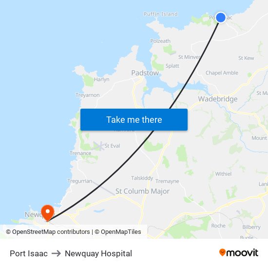 Port Isaac to Newquay Hospital map
