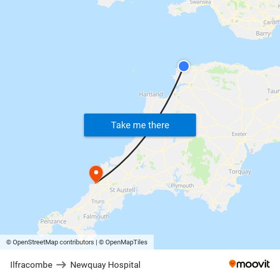 Ilfracombe to Newquay Hospital map