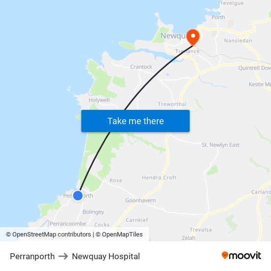 Perranporth to Newquay Hospital map