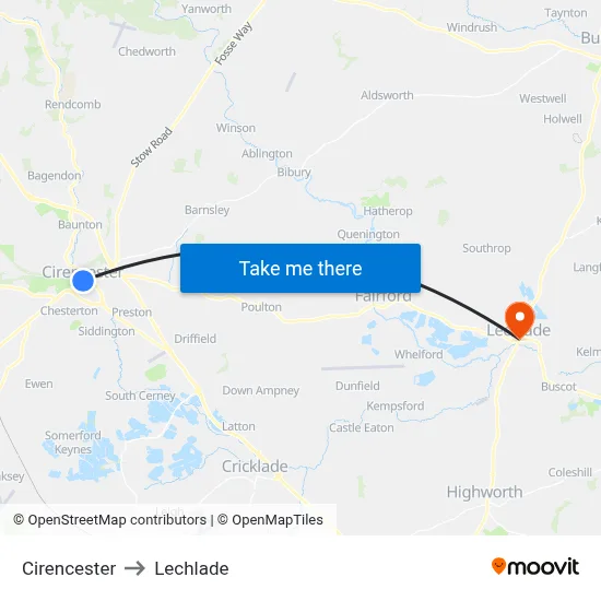 Cirencester to Lechlade map