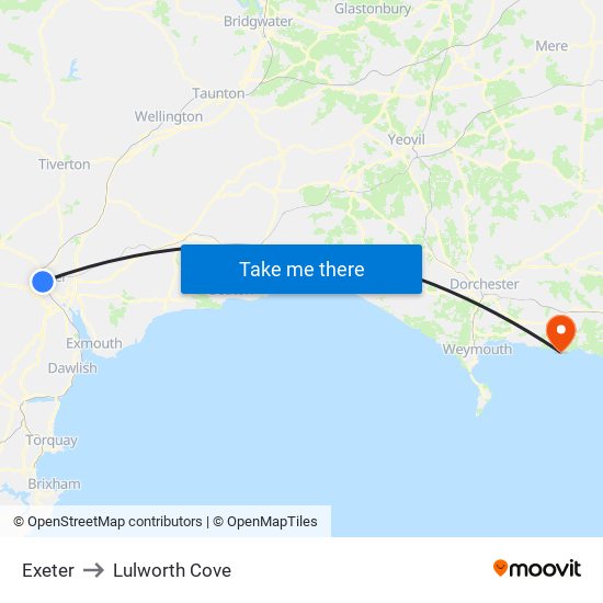 Exeter to Lulworth Cove map